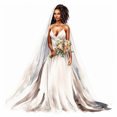 Watercolour of a black bride full body , Clipart,Cartoon,hyper realistic, intricate detail, illustration style,high resolution, isolated on a white background