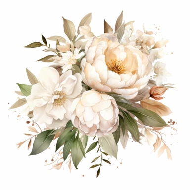 white and beige watercolor Peony Bouquets with leaves in the background, soft muted color, clipart, multiple flowers in a bouquet, different composition, ultrarealistic, high details, emotive fields of color, charming illustrations, bloomcore, fairycore, soft color, whimsical, isolated on white background