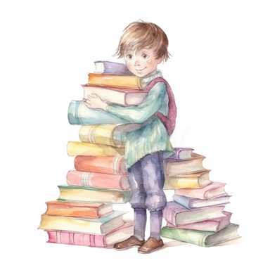 beautiful watercolor clipart of young child holding a stack of books and reading, fun pastel hues, compositions on an isolated white background. Bright illustration, highly detailed