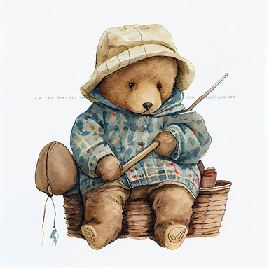 cute fisherman teddy bear, wearing vintage clothes, Sublimation graphics, by Beatrix Potter, Watercolor clipart, single design, print on demand image, no watermark, PNG transparent background, white background, 8k