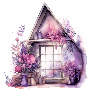 A fairytale style attic corner with watercolor effect,suitable for digital clipart,white background,magical flowers,magical scene,fairy vibrant colors,pink,purple,lavender,soft details