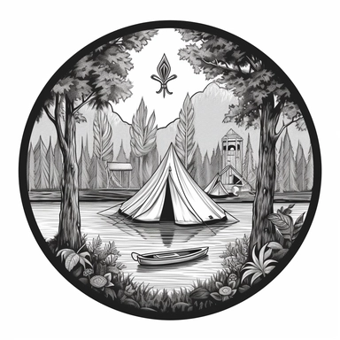 a round badge in black and white scale in a clip art. The theme is about a scooby doo in a scout camp with kids at 8-12 years old. Make their t- shirt badge use a french fleur de lis and a tent