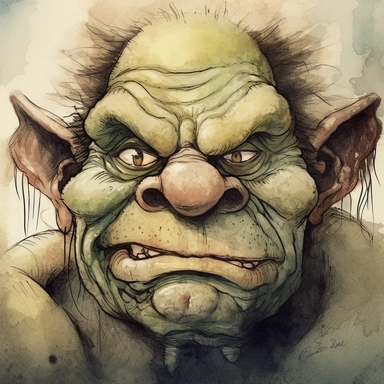 an image of a troll in the in the style of strong facial expression, clay mann, close up, romanesque, mike judge, clipart, watercolor--ar 1:1
