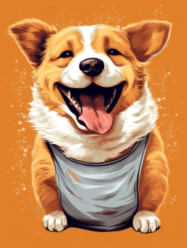 Obese dog with smiley t-shirt. Clipart-style. High detailed. Color contrast. Super-Resolution
