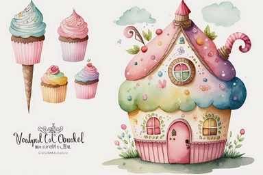 Very cute and Whimsical cupcake house, colorful, Watercolored illustration, clipart, white background