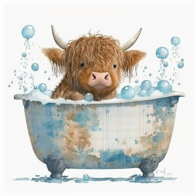 watercolor clipart cute brown baby highland cow with horns in bathtub blue balloons
