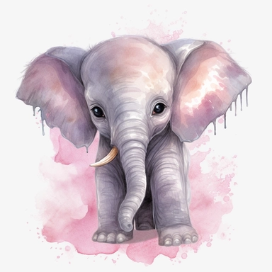 a baby female grey African elephant with a pink bow on her head, stood sideways to the camera looking right, shooting water from its trunk, watercolour painting transparent background png clipart