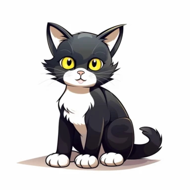 cute cartoon cat, black and white cat,smooth fur, black face with a little bit white by mouth, a lot of white on chest, white paws, black legs, yellow eyes, full body sitting, white background, clip art, vector graphic