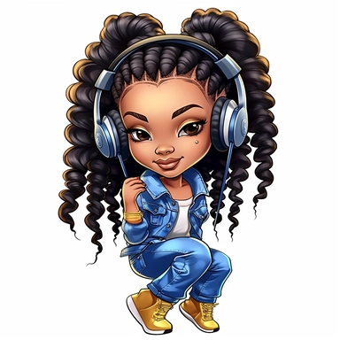 hip hop girl, wearing headphones, high heels, blue jeans, Coiled Bun, clipart, transparent, wearing jewelry, clip art, as a Inspired Chibi and Kawaii Style