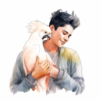 Adorable pet Cockatoo having happy moment with it's human owner, water color style, clipart, white background