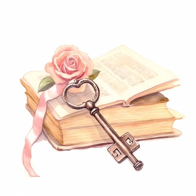 watercolor, hyper realistic, white background, white margins, 16k, ultra detailed clipart, cut out image, hand-drawn, whimsical manhwa style, ultra HD, sharp and clean art A set of antique keys with a single rose laying on a book, symbolizing the opening of one's heart to love, on a background of pale pink and soft beige