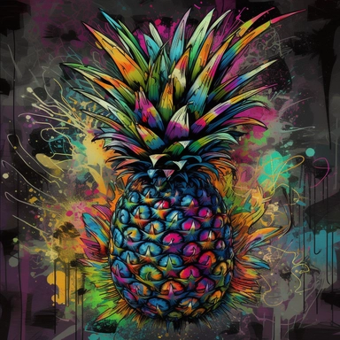 pineapple, clipart artwork print, a visually striking fusion of saturated colors like lime green, dazzling purple, and bold teal on a black canvas, chaotic elements blending seamlessly into an unexpectedly coherent design, showcasing the beauty of controlled chaos in wearable art