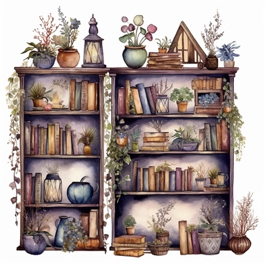 watercolor clipart of rustic antique bookshelves, magical atmosphere, florals, sparkles