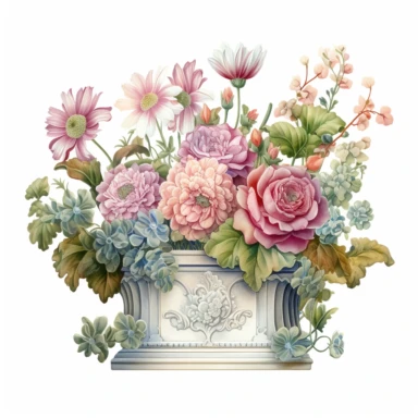 very beautiful Box Flower Planter, white background, clipart with pastel color, detailed and lovely Renaissance painting