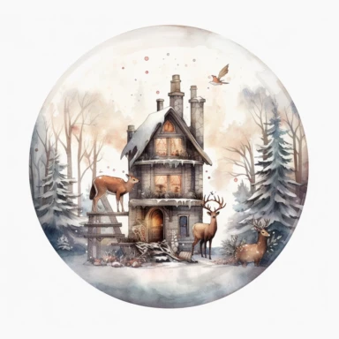 one transparent clipart stock of glassy house on a white background, with deer and snowman, in the style of Watercolor illustrations , spherical sculptures, frostpunk, miniature dioramas, luminous 3d objects, dark white and bronze, nature-inspired pieces , no watermark, text, 300 DPI , typography, shapes do not stick together, no text in the picture, on a white background
