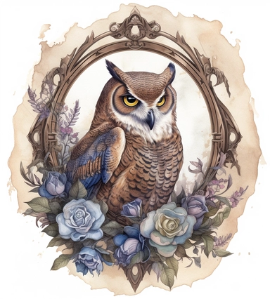 DESIGN A MAGNIFICENT AND EXQUISITE BREATHTAKING ONE-OF-A-KIND HIGH QUALITY HIGHLY DETAILED MASTERPIECE WATERCOLOR CLIPART ILLUSTRATION OF owl on circular frame design, in the style of gothic grandeur, rotcore, birds & flowers, light brown and blue, massurrealism, gothic references, gemstone, WHITE BACKGROUND