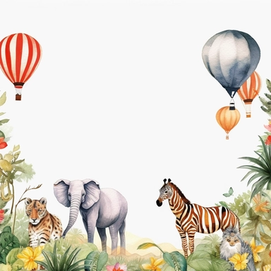 watercolour jungle lion zebra elephant tiger giraffe balloon template boarder clipart rectangle kids