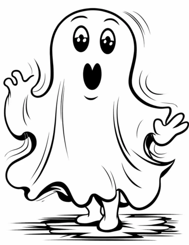 clipart friendly cartoon ghost scared of a mouse in the style of Pierre-Auguste Renior black and white child's coloring book, black and white smooth thick lines, solid white background, no background