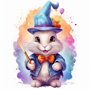 vector cute Rabbit character wearing wizard custom and wizard element with happy face ,front facing on isolated background,colorful color,with happy face and expression,Animal Sublimation Clipart,no splash watercolor,white background, ultra detailed clipart, cut out image, colorful watercolor realistic, cartoon style, ultra HD, sharp and clean art