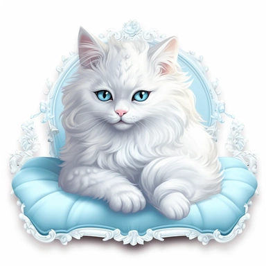 make a clipart of beautiful fairytale fluffy white victorian cat laying on a bright pastel blue pillow, white background
