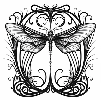 symmetrical dragonfly style fairy wings in art nouveau style, black lines, detailed, flat design, white background, clipart style, black and white,