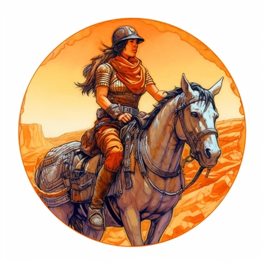 riding rider badass desert lightly-armored female scout wearing a fantasy Regency-era military-style uniform, CM Russell Mike Allred Josh Kirby Mad Max Dungeons & Dragons, handpainted punk zine indie retrowave film poster, clipart illustration, circle white background, circular border