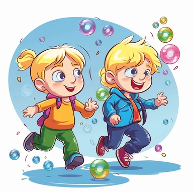 Create a vector illustration, Cartoon children's drawing, in a cartoon style for a children's book depicting two blond 4-year-old children, a boy and a girl, children inflate soap bubbles, running in the distance, pig, svg, white background, vector, logo, sticker, bright colors, 3 colors, 2D, graphics, procreate, adobe illustrator, photoshop, Watercolor , isolated on a white background, simple, graphics, clipart, procreate, 8k, 3D, realistic flat