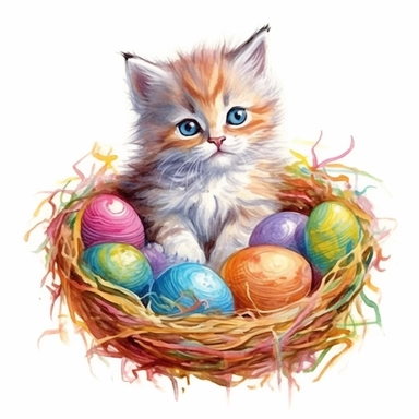 Easter baby kitten, cute, colourful, highly detailed, watercolor, clipart, no signature, no text