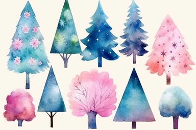 watercolor christmas trees vector clip art illustration, christmas tree, christmas trees, in the style of kawaii chic, cranberrycore, christcore, textured illustrations, unique and one-of-a-kind pieces, cute and dreamy, xmaspunk
