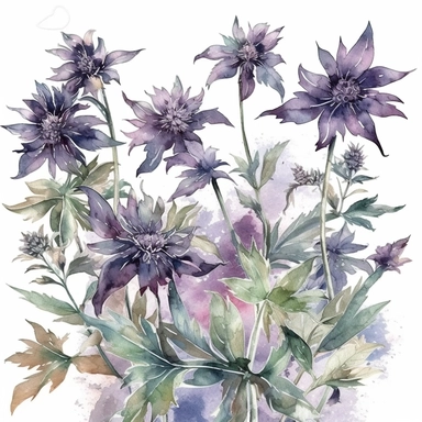 watercolor funny cannabis design of purple toned flowers realistic clipart, isolated on white background,space out--ar3:2--s1000