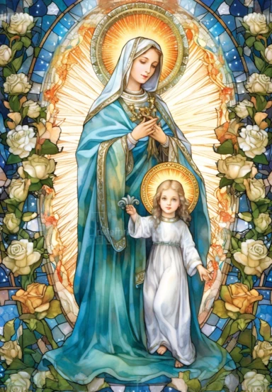 A sharp photograph of an expensive portrait, pay particular attention to the shape of your hands, less watercolor stained glass Madonna and child with matching crowns full body clipart, the Madonna is wearing a medium aquamarine blue mantle with bright white stars on it and the child is wearing a bright white robe, behind them is shimmering bright light, around many blue roses, highly detailed, white background, in the style of Catholic religious art, artist Andrea Lezcano, Vincent Van Gogh, in 