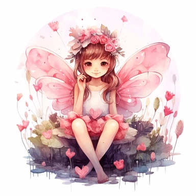 cute adorable forest fairy, pink forest fairy, fairy with wings, fairy loves hearts, fairy is happy smiling, fairy is sitting in a flower garden,watercolour illustration, soft light, fairy forest, clipart