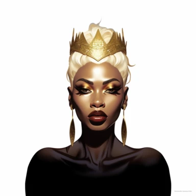 black dark-skin women with long slick back blonde ponytail wearing a golden crown staring straight forward with big shiny lips, clip art