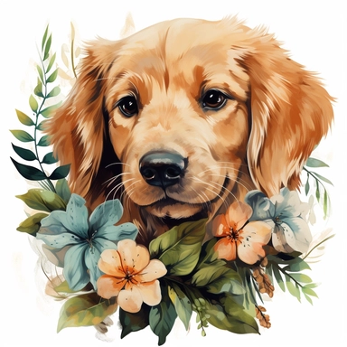 high detailed, Hand drawn watercolor clipart of golden retriever puppy with flowers and plants, Watercolor, art nouveau , on a white background