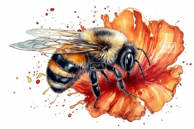 Aquarelle Bumble Bee Clipart a poppy flower, detailed painting, white background, single design, isolated white background, 8k, spaced out