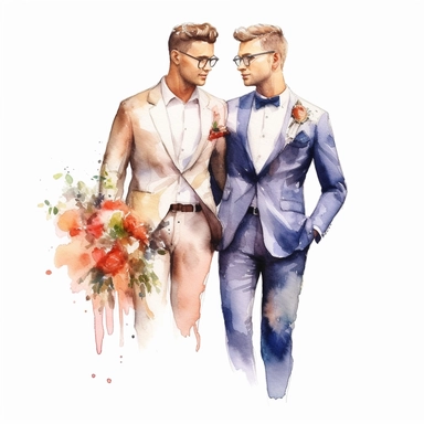 Watercolor drawing of a handsome freamy gay couple, men wedding, romantic watercolor clipart, white background, isolated on white, 8k, watercolor style