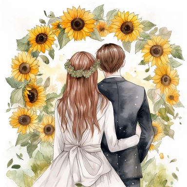 watercolor The middle circle of newlyweds with their arms around in the park. back view Bridal veil with Sunflowers flowers and leaves adorning her hair. hair up with flowers vividly bold designs png realistic cartoon in 32K UHD cute. 15 cm thick outline. Black color. There was no shadow on the ground. 8k with realistic watercolors. and detailed illustrations. PNG clipart, transparent white background