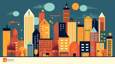 clipart of a simple city skyline, Alegria style, corporate memphis style, flat art, bold colors, upbeat, happy, simple lines, minimalist, friendly, high resolution, 8k