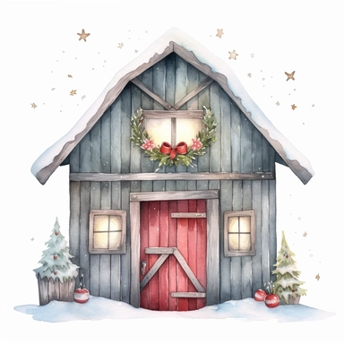 A watercolor painting of a cute empty barn with door open in Bethlehem Christmas, cute detailed digital art, inspired by nicoletta ceccoli, by Kubisi art, whimsical and cute, by nicoletta ceccoli, cute detailed artwork, glimmering, adorable and whimsical, whimsical art, Clipart style, png style, svg style, blank white background, a solid white backgrounnd