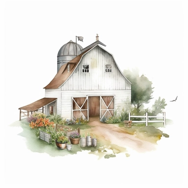pretty white painted barn clipart, painted white, pretty charming farmyard setting with plants trees and farm accessories, fence, detailed watercolor illustration, light color palette, farmyard accessories, isolated on white background