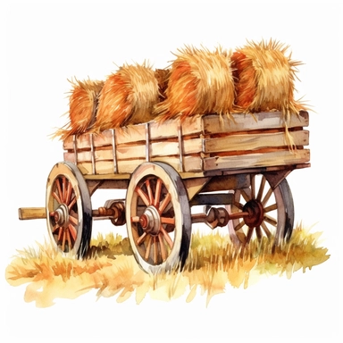 a hay wagon full of rectangular bales of hay on an autumn day, autumn colors on a white background, clipart, vintage style--q2--s1000