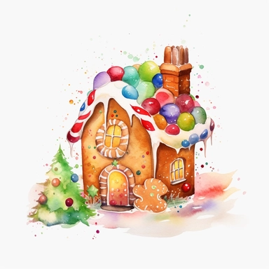 Watercolor, clipart, Gingerbread House with colorful icing and candy decorations, on white background, space out ar 3:2
