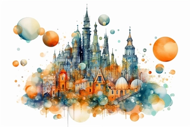 Watercolor, Imagine a planet with a cityscape made entirely of interconnected, floating spheres clipart, hd, on a white background, spaced out