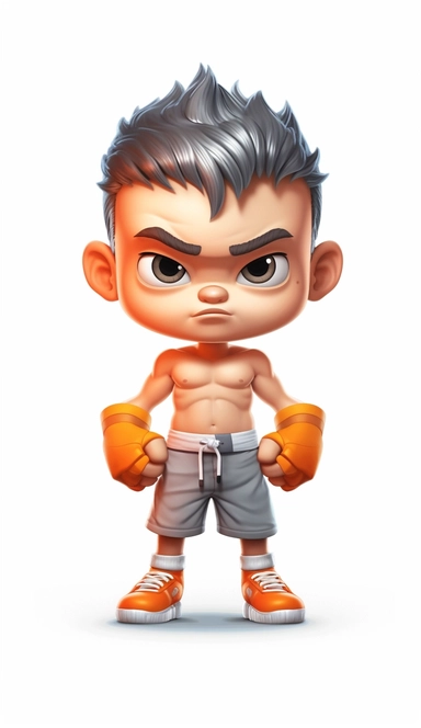 little kid boxer, Cute Beautiful 3d, Is Standing Full body Vector Sublimation Clipart, Cartoon, dominant white, grey, orange, hyper realistic, intricate detail, illustration style, high solution, on the white background
