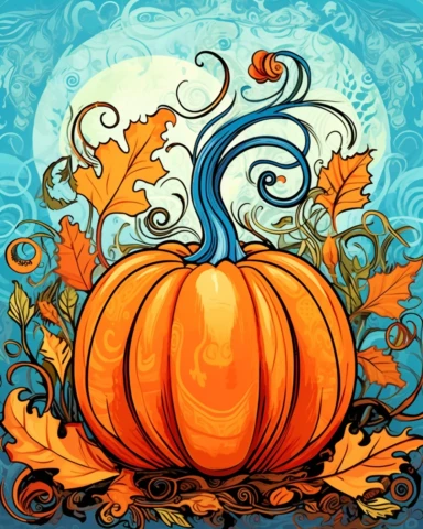 one pumpkin clip art, in the style of collage-style mixed media, bold yet graceful, dr suess colors carsten holler, leaf patterns, edwin lord weeks, hand lettering, michael hutter