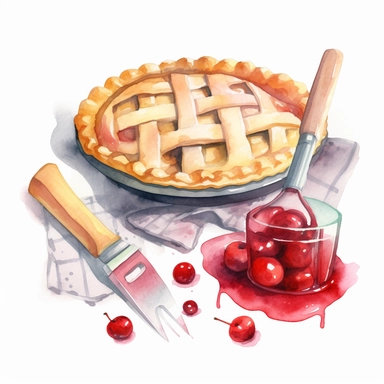 create a beautiful high quality high detail highly saturated watercolor clipart disney style illustration of a delicious CHERRY PIE being prepared, include rolling pin and baking tools, no text, no font, white background