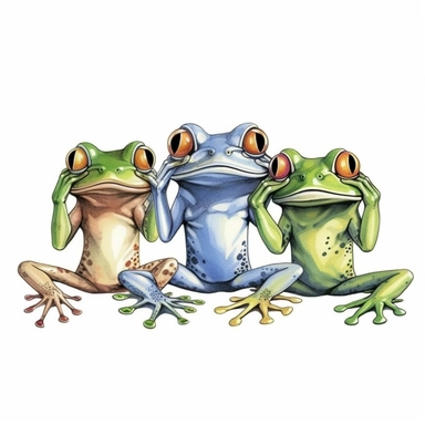 Cute Beautiful Funny three frogs cover their mouths, cover their ears and blindfold Sublimation Clipart,Cartoon, hyper realistic, intricate detail, illustration style,high solution,on the white background