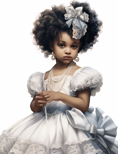 gorgeous african american baby girl in victorian dress, clipart, Composition: Relaxed position with intricate high hairstyle, Style: gothic, white background, hyperrealism, 32k