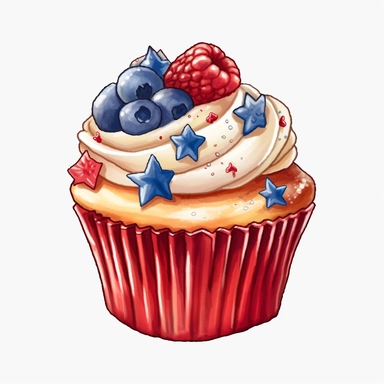 4th of July Patriotic Clip art of 4th of july patriotic cupcake, red, white & blue Full body realistic cartoon in 32K UHD cute, 8k with realistic watercolors and detailed illustrations. PNG clipart, Sublimation graphics, transparent white background for removing background - - no text shadow font watermark