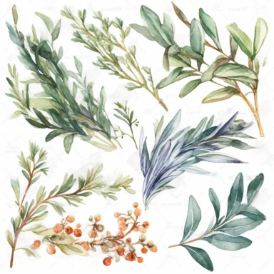Generate watercolor clipart of kitchen herbs and spices, such as rosemary, basil, thyme, and cinnamon. Choose a color palette that is both soothing and appetizing to make the clipart stand out, white background